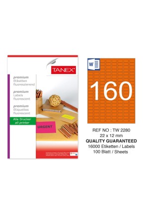 Tanex TW-2280 22x12mm Turuncu Floresan Laser Etiket 100 Lü