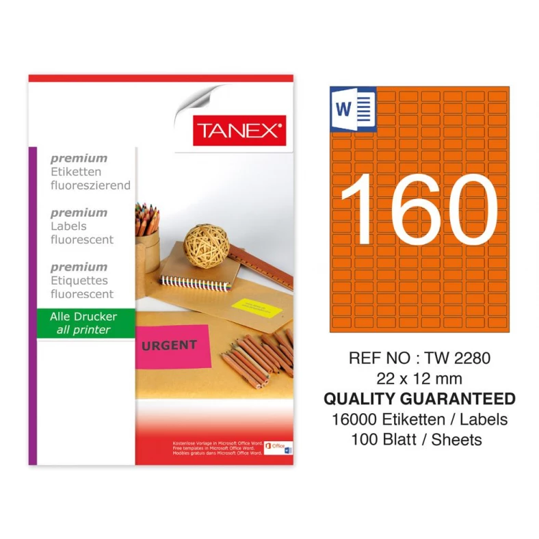 Tanex TW-2280 22x12mm Turuncu Floresan Laser Etiket 100 Lü