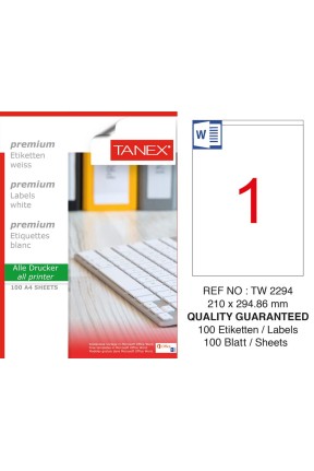 Tanex TW-2294 210x294,86 mm Sökülebilir Etiket 100 Lü
