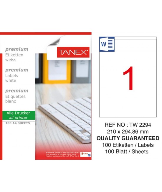 Tanex TW-2294 210x294,86 mm Sökülebilir Etiket 100 Lü