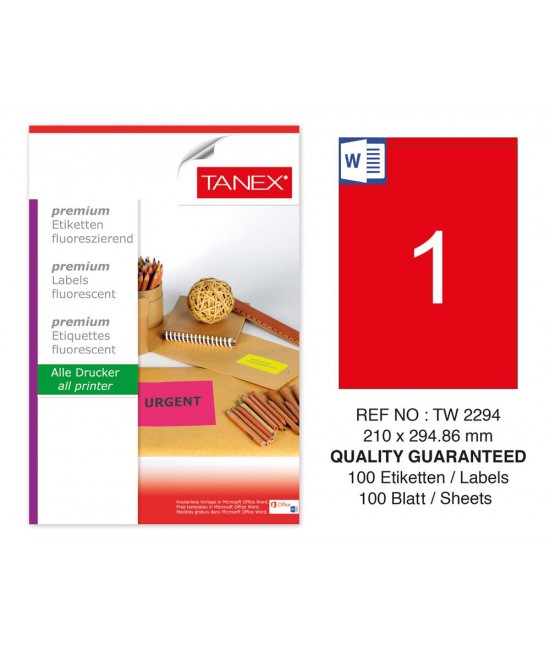 Tanex TW-2294 210x294.86mm Red Fluorescent Laser Label 100 Pcs