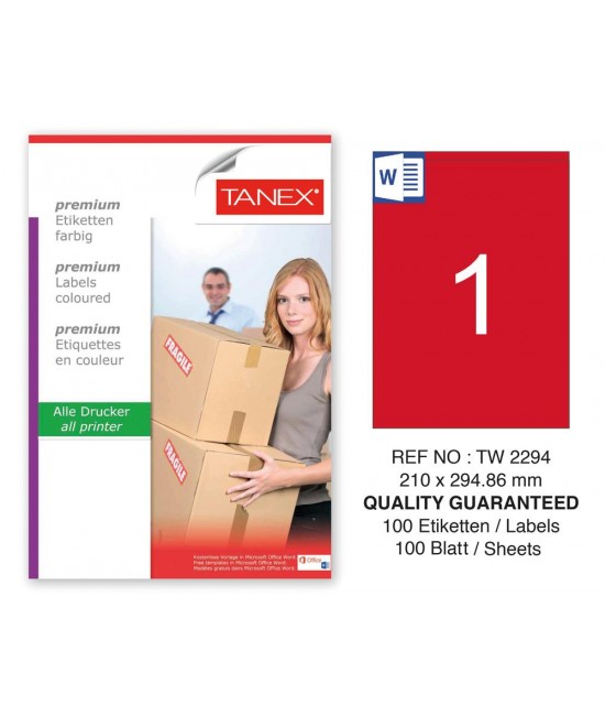 Tanex TW-2294 210x294,86mm Kırmızı Pastel Laser Etiket 100 Lü 