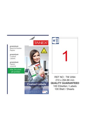 Tanex TW-2294 210x294.86mm Kuşe Lazer Etiket 100 Lü Paket