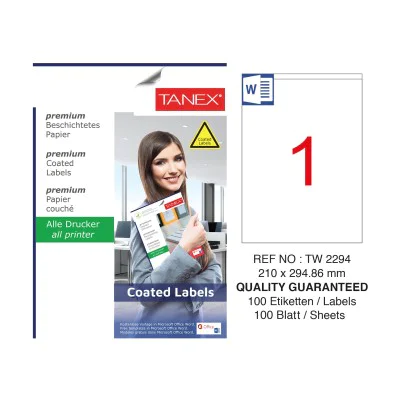 Tanex TW-2294 210x294.86mm Kuşe Lazer Etiket 100 Lü Paket Tanex TW-2294 210x294.86mm Kuşe Lazer Etiket 100 Lü Paket