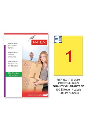 Tanex TW-2294 210x294,86mm Sarı Pastel Laser Etiket 100 Lü Paket