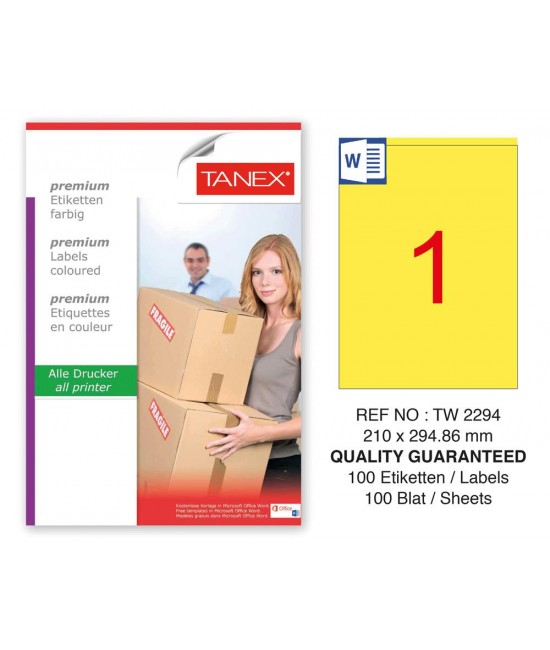 Tanex TW-2294 210x294,86mm Sarı Pastel Laser Etiket 100 Lü Paket