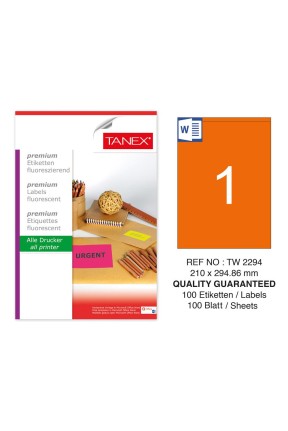Tanex TW-2294 210x294,86mm Turuncu Floresan Laser Etiket 100 Lü
