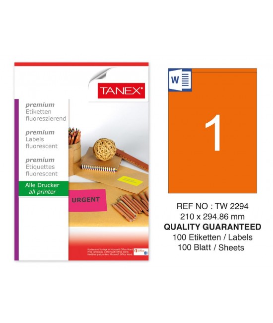Tanex TW-2294 210x294.86mm Orange Fluorescent Laser Label 100 Pcs