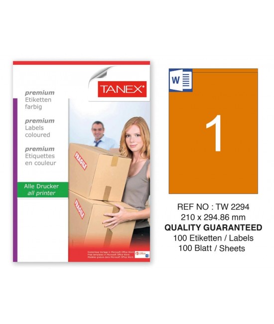 Tanex TW-2294 210x294,86mm Turuncu Pastel Laser Etiket 100 Lü