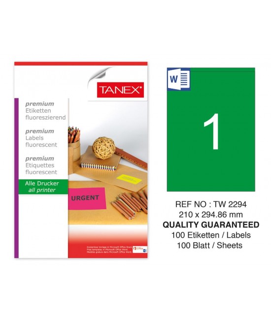 Tanex TW-2294 210x294.86mm Green Fluorescent Laser Label 100 Pcs