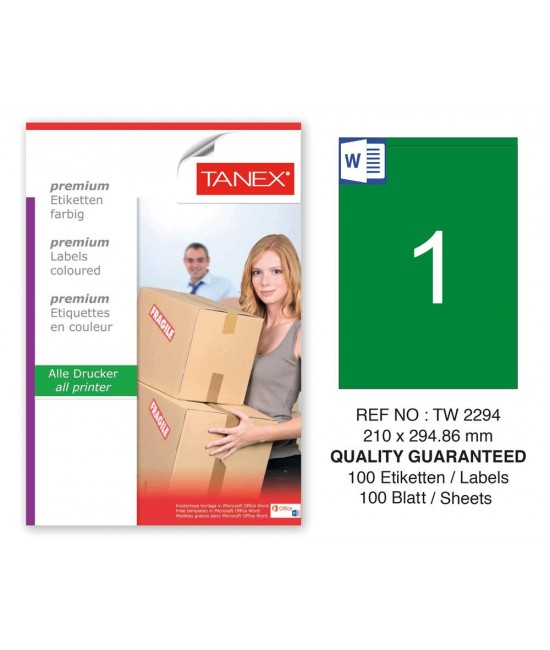 Tanex TW-2294 210x294,86mm Yeşil Pastel Laser Etiket 100 Lü