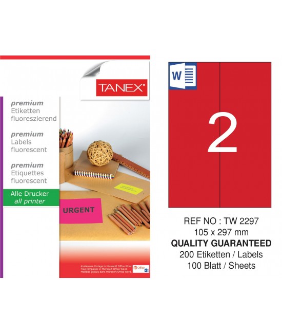 Tanex TW-2297 105x297 mm Kırmızı Floresan Laser Etiket 100 Lü