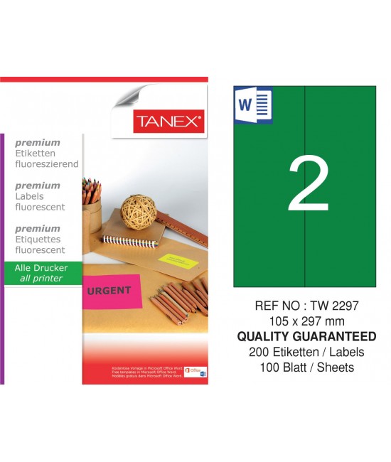 Tanex Tw-2297 105x297 mm Yeşil Floresan Laser Etiket 100 Lü