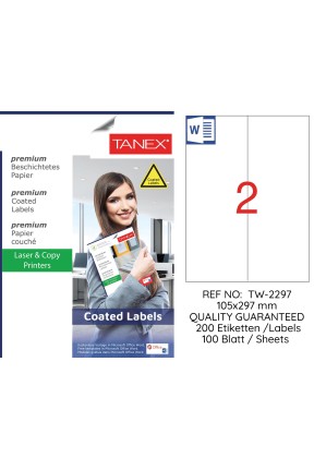 Tanex TW-2297 105x297mm Kuşe Lazer Etiket 100 Lü Paket