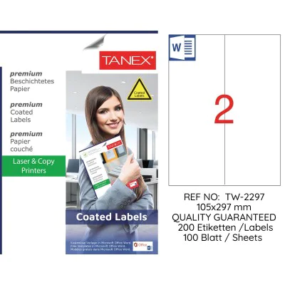 Tanex TW-2297 105x297mm Kuşe Lazer Etiket 100 Lü Paket Tanex TW-2297 105x297mm Kuşe Lazer Etiket 100 Lü Paket