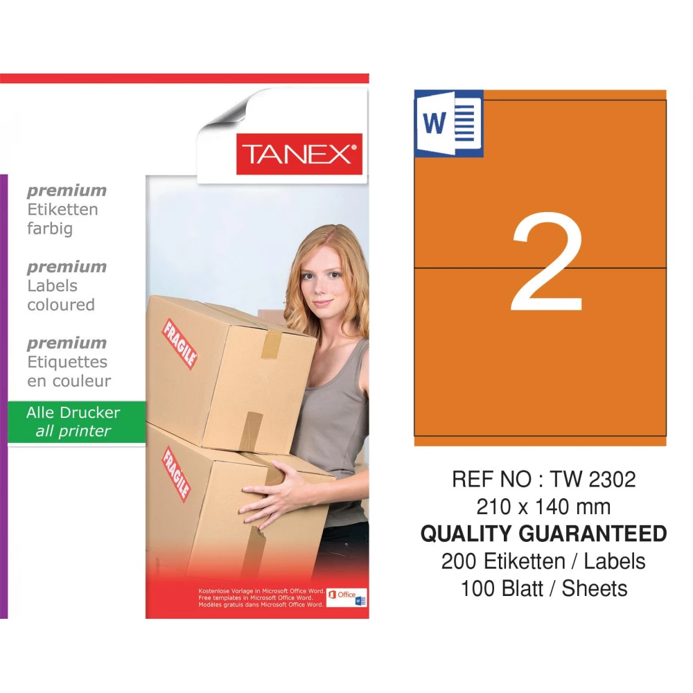 Tanex TW-2302 210x140mm Turuncu Pastel Laser Etiket 100 Lü