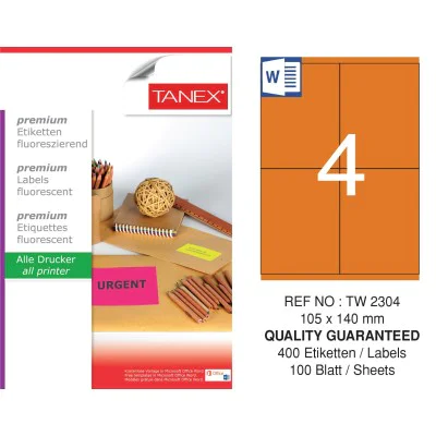 Tanex Tw-2304 105x140 mm Flo Turuncu Laser Etiket Tanex Tw-2304 105x140 mm Flo Turuncu Laser Etiket