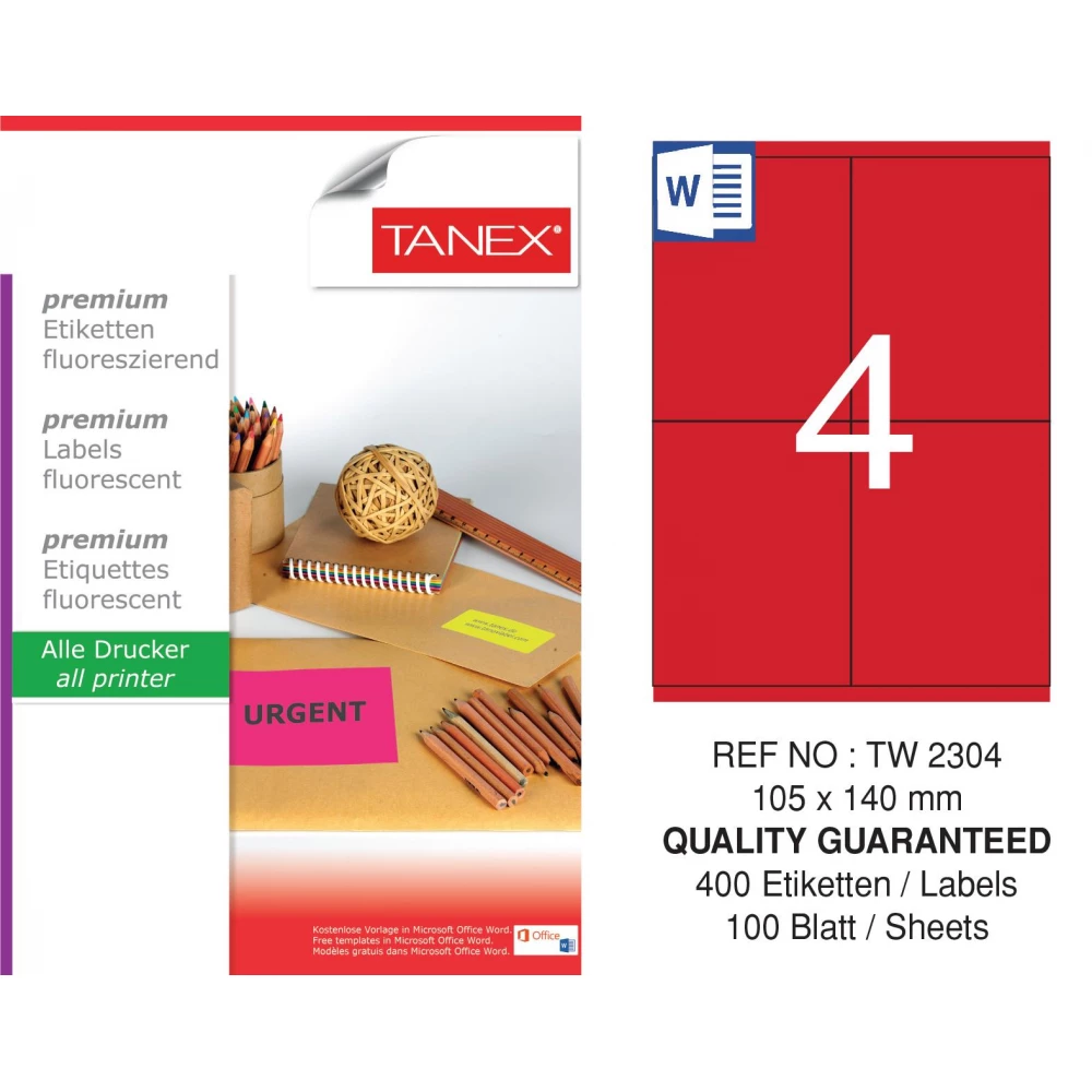 Tanex TW-2304 105x140 mm Kırmızı Floresan Laser Etiket 100 Lü