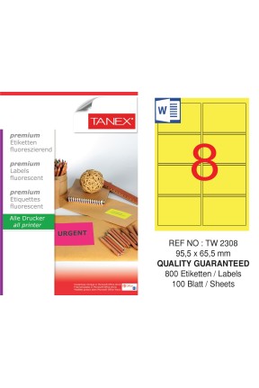 Tanex TW-2308 95,5x65,5 mm Sarı Floresan Laser Etiket 100 Lü 
