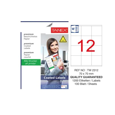 Tanex TW-2312 70x70mm Kuşe Lazer Etiket 100 Lü Paket Tanex TW-2312 70x70mm Kuşe Lazer Etiket 100 Lü Paket