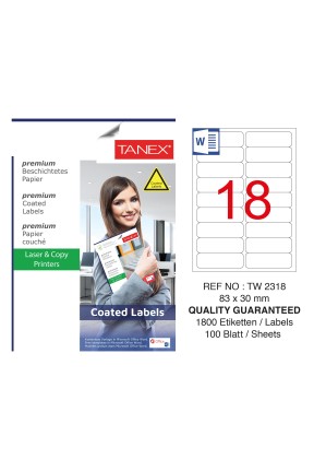 Tanex TW-2318 83x30mm Kuşe Lazer Etiket 100 Lü Paket