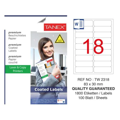 Tanex TW-2318 83x30mm Kuşe Lazer Etiket 100 Lü Paket Tanex TW-2318 83x30mm Kuşe Lazer Etiket 100 Lü Paket