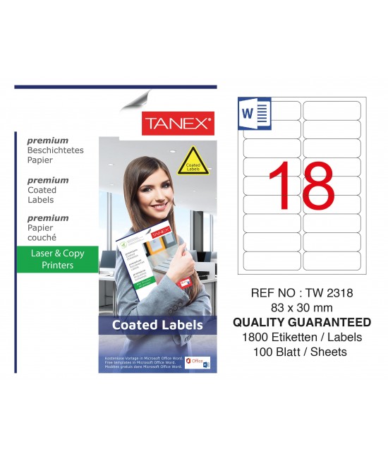 Tanex TW-2318 83x30mm Kuşe Lazer Etiket 100 Lü Paket