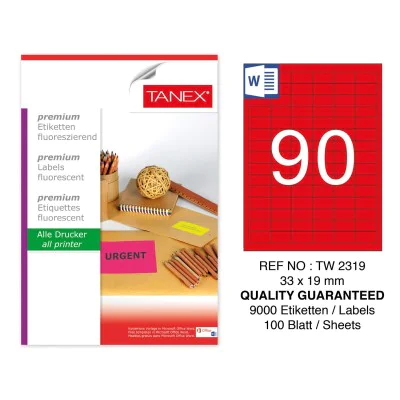 Tanex TW-2319 33x19mm Kırmızı Pastel Laser Etiket 100 Lü