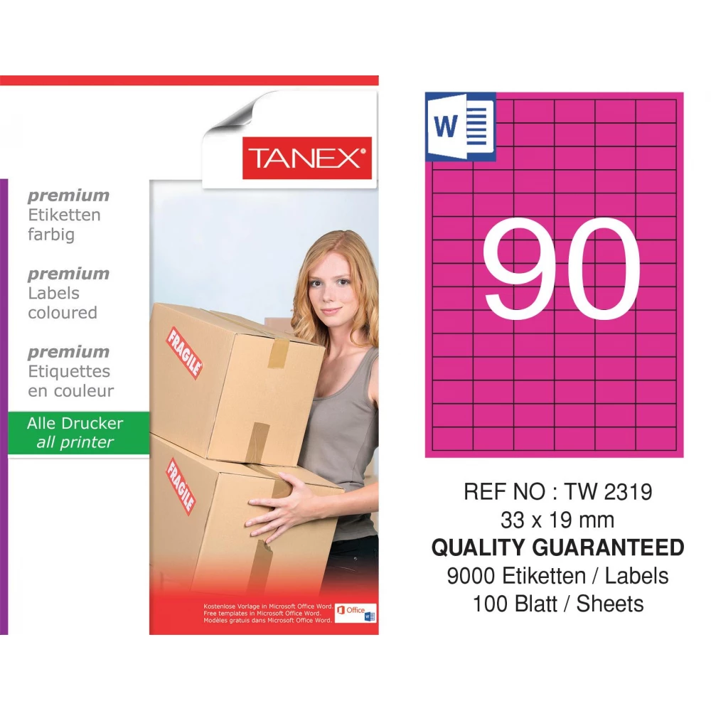 Tanex TW-2319 33x19mm Pembe Pastel Laser Etiket 100 Lü