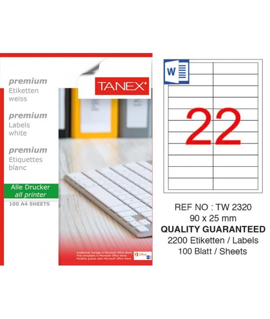 Tanex TW-2320 90x25mm White Laser Label Pack of 100