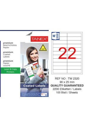 Tanex TW-2320 90x25mm Kuşe Lazer Etiket 100 Lü Paket