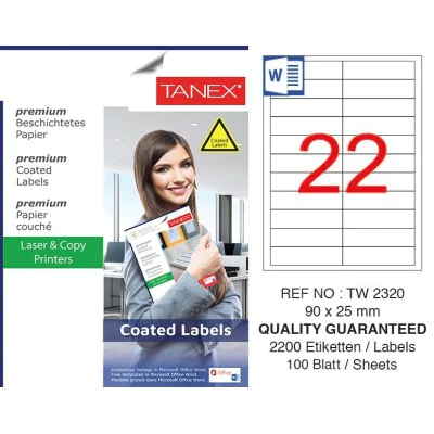 Tanex TW-2320 90x25mm Kuşe Lazer Etiket 100 Lü Paket Tanex TW-2320 90x25mm Kuşe Lazer Etiket 100 Lü Paket