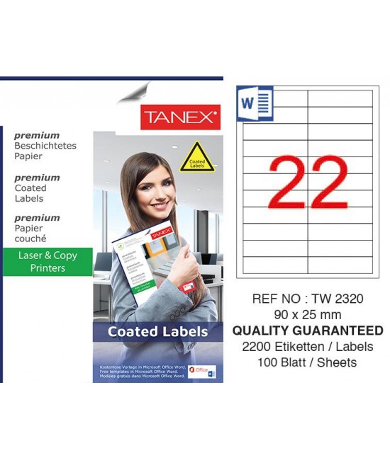 Tanex TW-2320 90x25mm Kuşe Lazer Etiket 100 Lü Paket