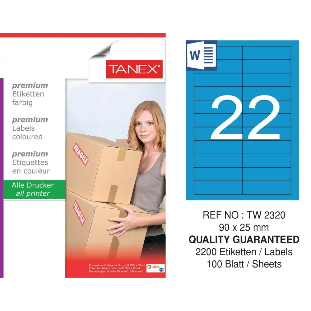 Tanex TW-2320 90x25mm Mavi Pastel Laser Etiket 100 Lü