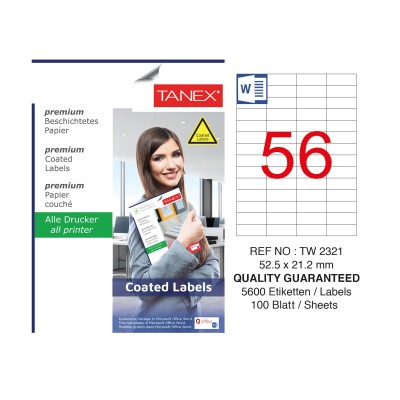 Tanex TW-2321 52.5x21.2mm Kuşe Lazer Etiket 100 Lü Paket Tanex TW-2321 52.5x21.2mm Kuşe Lazer Etiket 100 Lü Paket