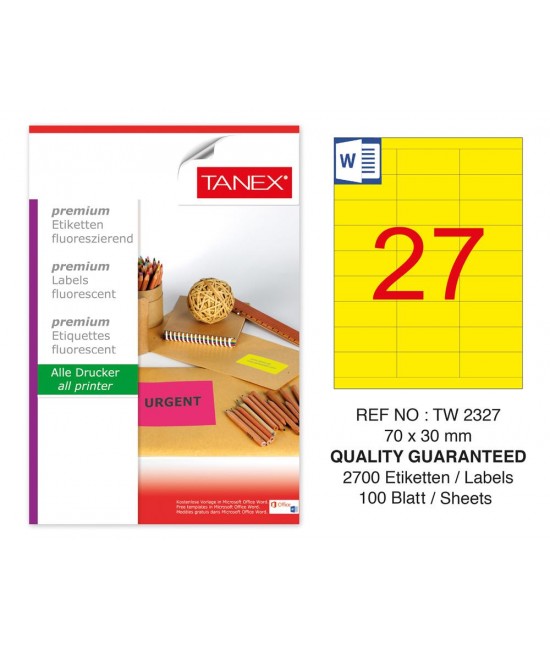 Tanex TW-2327 70x30mm Sarı Floresan Laser Etiket 100 Lü 