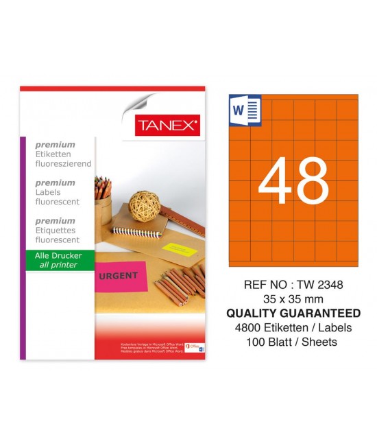 Tanex TW-2348 35x35mm Orange Fluorescent Laser Label 100 Pcs