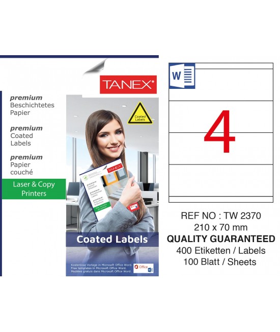 Tanex TW-2370 210x70mm Kuşe Lazer Etiket 100 Lü Paket