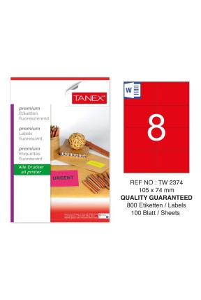 Tanex TW-2374 105x74,25mm Kırmızı Floresan Laser Etiket 100 Lü 