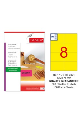 Tanex TW-2374 105x74,25mm Sarı Floresan Laser Etiket 100 Lü 