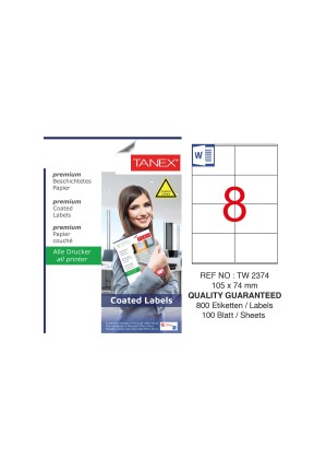 Tanex TW-2374 105x74mm Kuşe Lazer Etiket 100 Lü Paket