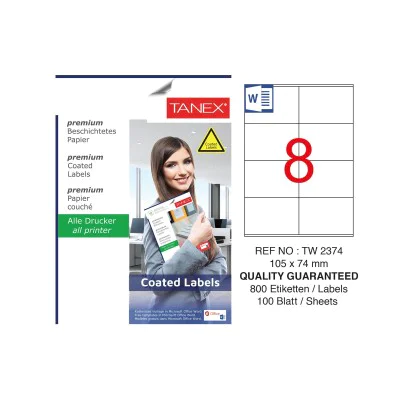 Tanex TW-2374 105x74mm Kuşe Lazer Etiket 100 Lü Paket Tanex TW-2374 105x74mm Kuşe Lazer Etiket 100 Lü Paket