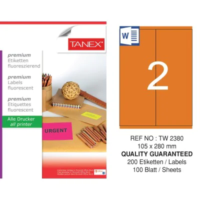 Tanex Tw-2380 105x280 mm Flo Turuncu Laser Etiket Tanex Tw-2380 105x280 mm Flo Turuncu Laser Etiket