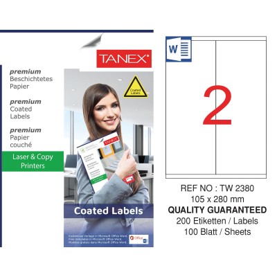 Tanex TW-2380 105x280mm Kuşe Lazer Etiket 100 Lü Paket Tanex TW-2380 105x280mm Kuşe Lazer Etiket 100 Lü Paket