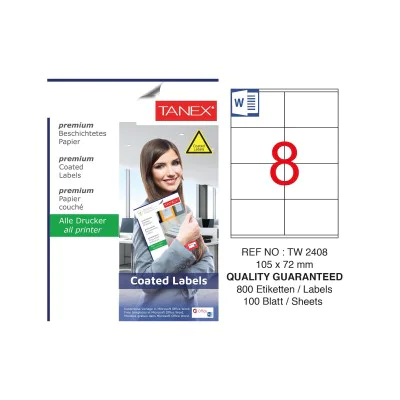 Tanex TW-2408 105x72mm Kuşe Lazer Etiket 100 Lü Paket Tanex TW-2408 105x72mm Kuşe Lazer Etiket 100 Lü Paket