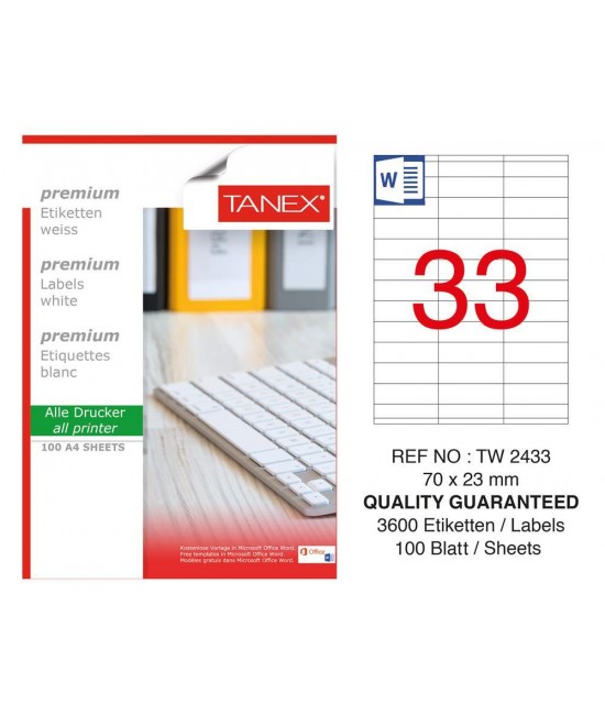 Tanex TW-2433 70x23mm Coated Laser Label 100 Pcs Pack