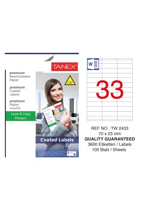 Tanex TW-2433 70x23mm Kuşe Lazer Etiket 100 Lü Paket