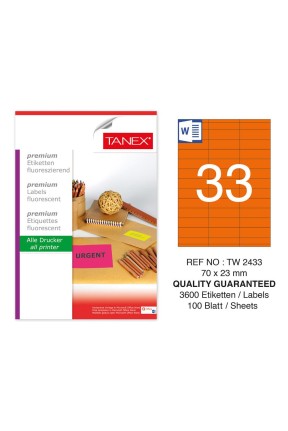Tanex TW-2433 70x23mm Turuncu Floresan Laser Etiket 100 Lü