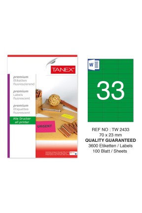 Tanex TW-2433 70x23mm Yeşil Floresan Laser Etiket 100 Lü 