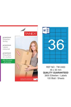 Tanex TW-2453 45x30mm Mavi Pastel Laser Etiket 100 Lü Tanex TW-2453 45x30mm Mavi Pastel Laser Etiket 100 Lü